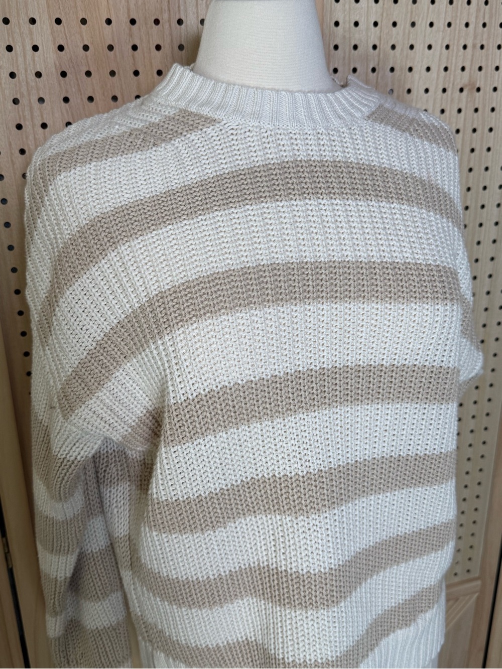 American Eagle XS Cream Beige Striped Open Knit Cotton Sweater Coastal Neutral - Picture 3 of 11